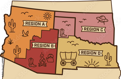 Arizona map displays four distinct regions marked with western icons like cowboys, campfires, and covered wagons.