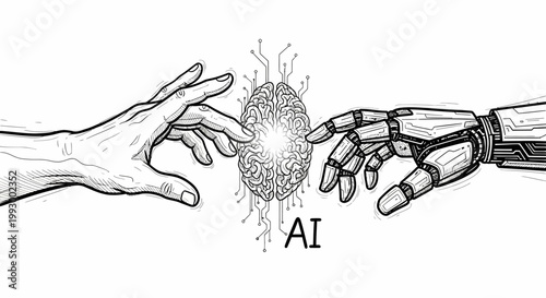 Human and robotic hands reaching for AI generated light