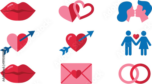 Icons representing romance and love are arranged in a grid to symbolize relationships and Valentine's Day themes.