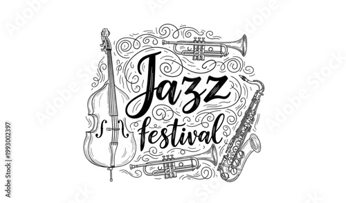Jazz festival a vintage musical illustration with instruments and calligraphy
