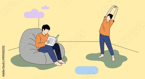 Illustration of relaxed people in casual home setting