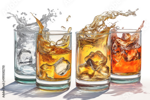 Four clear glasses show different drinks with ice. Each glass holds a liquid that is yellow, orange, and brown. Water fills one glass with ice floating in it