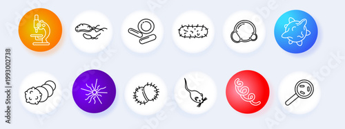 Microbiology science set icon. Microscope amoeba bacteria virus cell organism colony neuron germ spiral magnifier line icons minimal outline style research lab collection.