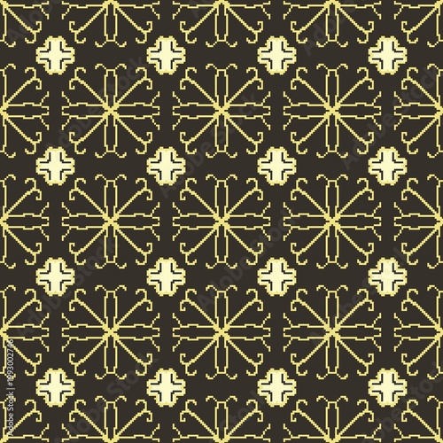 Seamless Luxury Geometric Pixel Pattern with Gold Filigree Motif on Dark Background