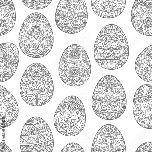Seamless pattern of intricate hand drawn decorative Easter eggs for coloring.