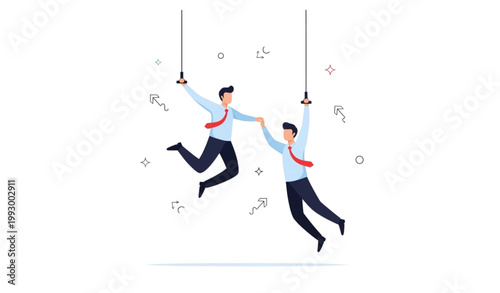 Businessmen reaching for success a collaborative leap towards goals