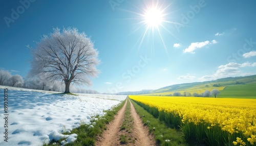 Split view of landscape showing transition from winter snow to vibrant spring or summer meadow. Tree stands with frost on one side green grass and yellow flowers bloom on other.