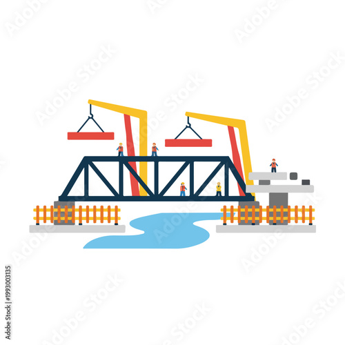 This vector illustration depicts construction workers using massive cranes to assemble a large truss bridge over a winding blue river.