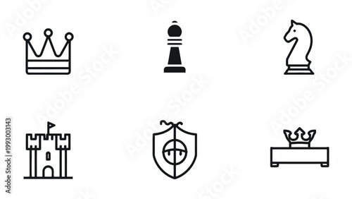 Strategic Lineup: A carefully curated set of minimalist icons representing key elements of strategy, warfare, and regal power. Each design is a clean, sharp, and easily recognizable visual element. 