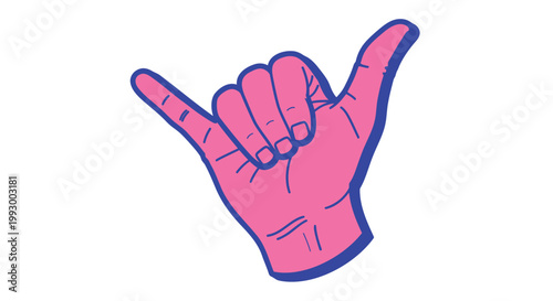 Shaka sign, pink hand gesture, blue outline, vector icon, rock on symbol