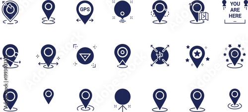 Location Pin and GPS Navigation Icons Set with Map Marker Direction Target You Are Here and Tracking Symbols Vector Collection