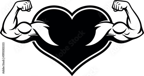 Strong Heart with Flexing Muscle Arms Black and White Vector Logo Design for Fitness, Gym, Health, Sports, and Motivational Brand Projects