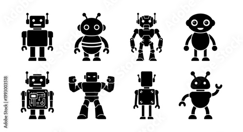 Retro robot character icons set, black silhouette toy robots collection, 8 vintage mechanical droid vector illustrations for technology and gaming