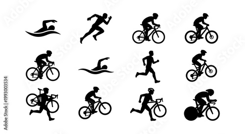 Triathlon athlete silhouettes set, 12 swimming running and cycling icons, black sports vector elements for race competition and fitness design