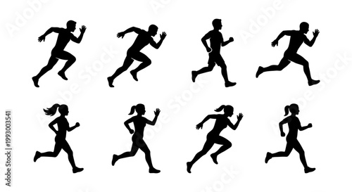 Running silhouettes set of 8 male and female athletes, black jogging man and woman vector icons, sprinting people figures for sports design