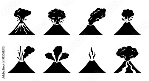 Volcano eruption icon set, black silhouette mountain symbols with smoke and lava, 8 volcanic disaster vector elements for maps and infographics