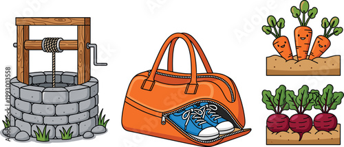 Traditional Stone Water Well, Orange Sports Duffel Bag with Blue Sneakers, and Cute Smiling Carrot and Beetroot Garden Vegetables Vector Illustration 