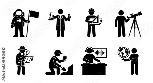 Professional scientist and researcher career icons, black stick figure people in various STEM occupations, set of 8 vector pictograms for education