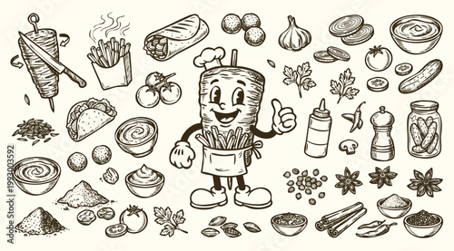 Vintage 1930s Style and Middle Eastern Street Food Doodle Set