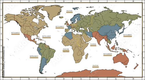 World map features a vintage aesthetic with colored regions depicting historical geopolitical boundaries on a stylized parchment background.