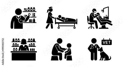 Medical healthcare icon set, professional doctor and nurse silhouettes, pharmacy and veterinary clinic symbols, hospital patient care vector illustrations