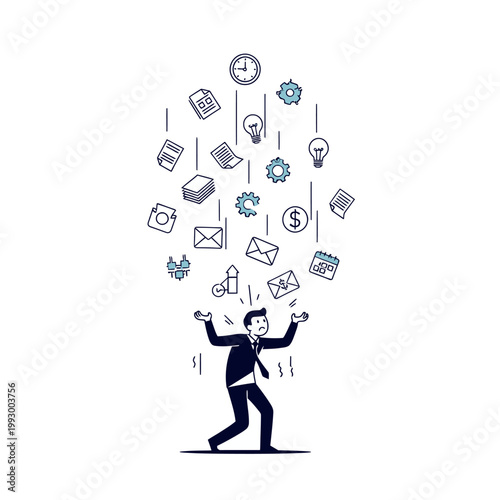A stressed businessman juggles a chaotic cascade of office-related icons and symbols falling from above.