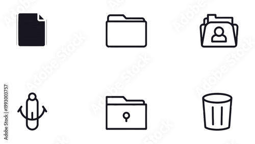 Essential digital icons: A concise collection of six essential digital icons, crafted with minimalist design for intuitive user interface applications. They represent document, folder, contact.