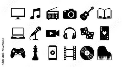 Minimalist entertainment icons set, black multimedia symbols for leisure and hobbies, 18 vector elements for web and app interface design
