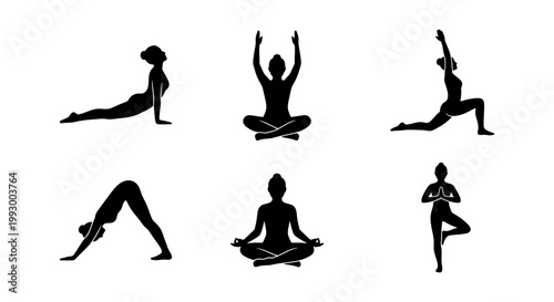 Yoga silhouette icons set of 6 poses, black female figures in meditation and stretching asanas, wellness and fitness vector graphics