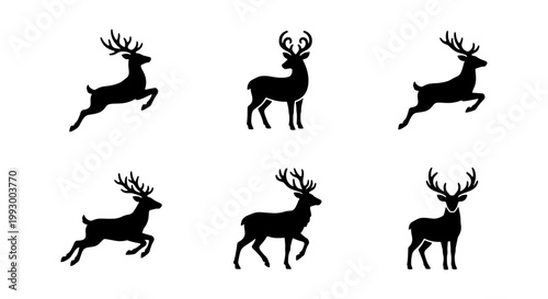 Black deer silhouette set, 6 reindeer icons in various jumping and standing poses, wild stag vector collection for winter holiday and nature designs
