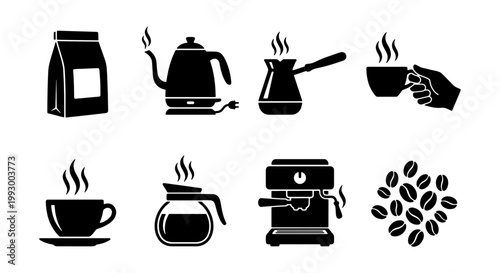 Minimalist coffee shop icon set, black silhouette cafe equipment vectors, 8 professional espresso and brewing symbols for menu design and branding