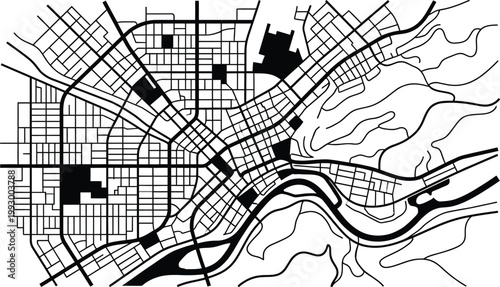 City map illustration displays a complex network of urban streets, river paths, and designated blocks for regional planning.