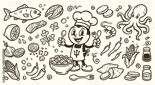 Vintage 1930s Rubber Hose Style Chef and Peruvian Ceviche Seafood Ingredients Doodle Set