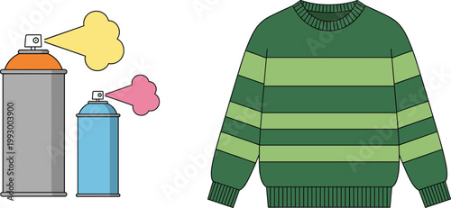 Urban Graffiti Aerosol Spray Paint Cans with Mist Clouds and Green Striped Knit Wool Sweater Vector Illustration Set for Fashion and Art