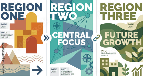 Infographic panels display regional data segments categorized by three specific geographical zones to illustrate future growth projections.