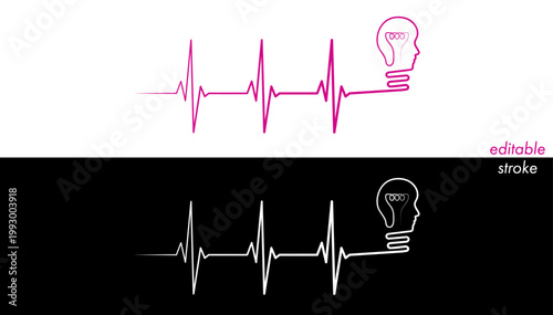 Editable cardiogram monitor, cardio diagnosis, male, man head bulb vector. Heart rhythm line vector design to use for healthcare, healthy lifestyle, medical strategy, medical business, medical care. 