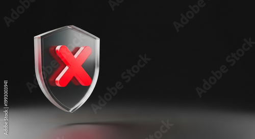3D Glass Shield with Red Cross Symbol for Cyber Security Breach and Protection Error Isolated on Dark Background