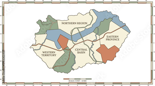 Map diagram illustrates the distinct provincial boundaries of a territory with highlighted regions and a technical scale indicator.
