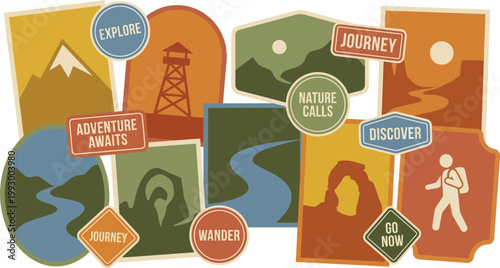 Travel stickers collection features diverse outdoor landscapes and hiking symbols to commemorate various wilderness adventures.