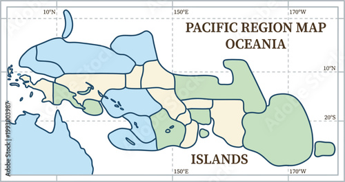 Pacific region map outlines Oceania islands and maritime boundaries within a clean grid coordinate system.