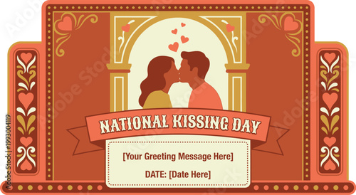 Couple kissing under an archway is depicted on a decorative greeting card banner for National Kissing Day.