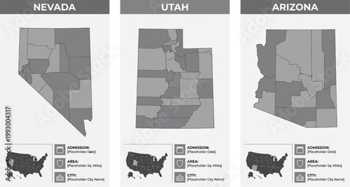 Maps of Nevada Utah and Arizona illustrate regional geographical data with state outline silhouettes and small locator markers.