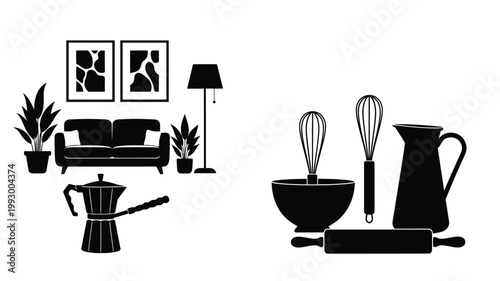 Modern living room and kitchen decor presented in a dark silhouette