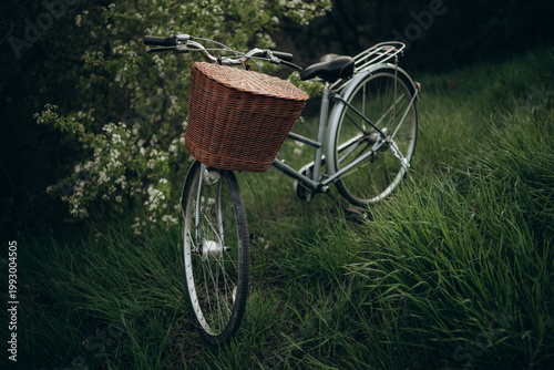 A retro bicycle with a basket against the backdrop of spring nature. Selective focus. Beautiful background.