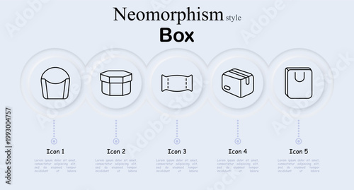 Box set icon. Cupcake packaging box, hexagon gift box container, folded cardboard box pattern, sealed shipping parcel, shopping bag package. Neomorphic circular buttons