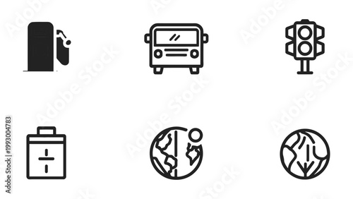 Traffic Icons Set: A series of clean, minimalist icons representing various aspects of transportation and environmental concerns, offering a versatile visual language.