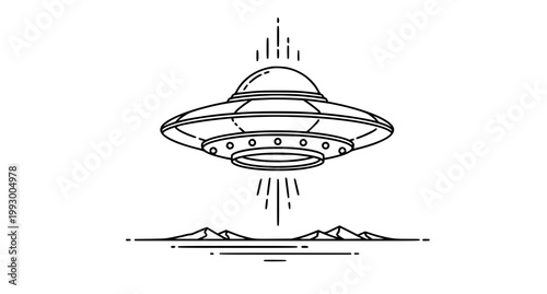 Minimalist line art of a flying saucer and mountain landscape