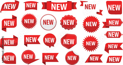 Red New Label Badge and Ribbon Collection with Sale Stickers Promotional Tags and Announcement Banners Vector Set