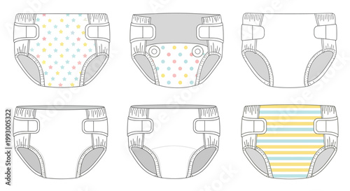 Illustration of six baby diapers in various patterns and colors