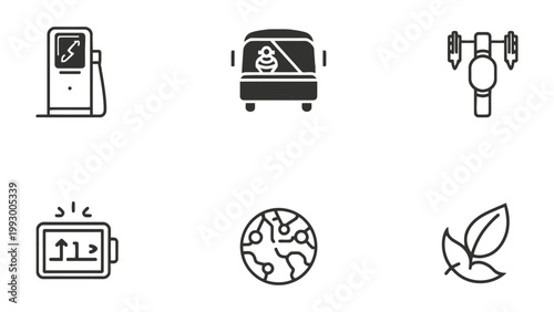 Icons of Transportation and Technology: A collection of simple icons representing transportation methods and technology, including electric charging station, bus, drone, digital display.